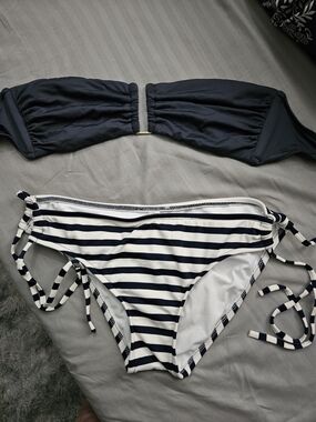 Navy Bandeau & Striped Tie-Side Bikini Set